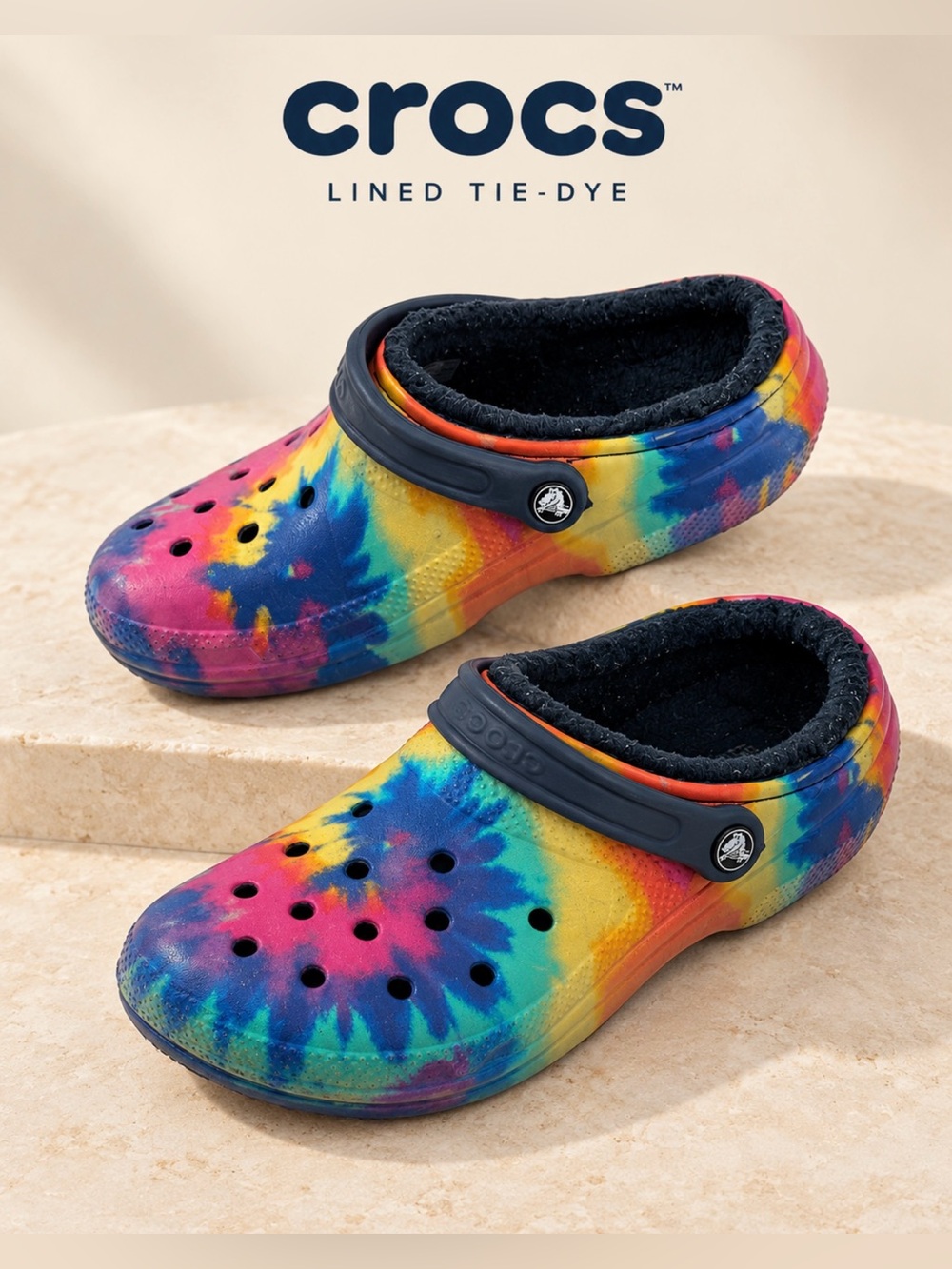 CROCS Women’s Lined Tie-Dye Clog in Rainbow with Black Lining Size 9